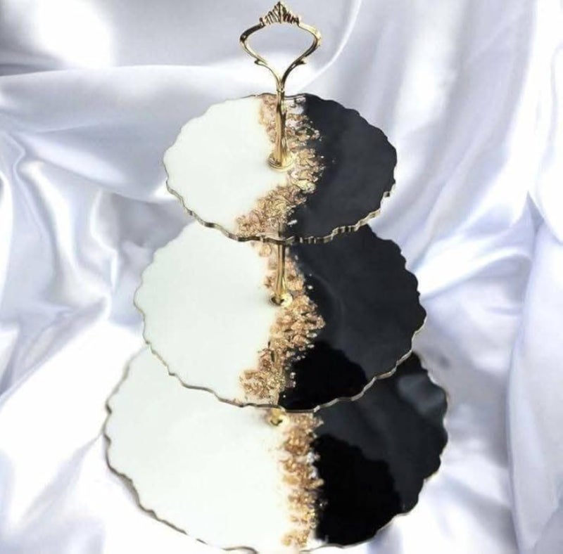 3 Tier Kahk Serving Layer with Gold Edges and Elegant Top Handle