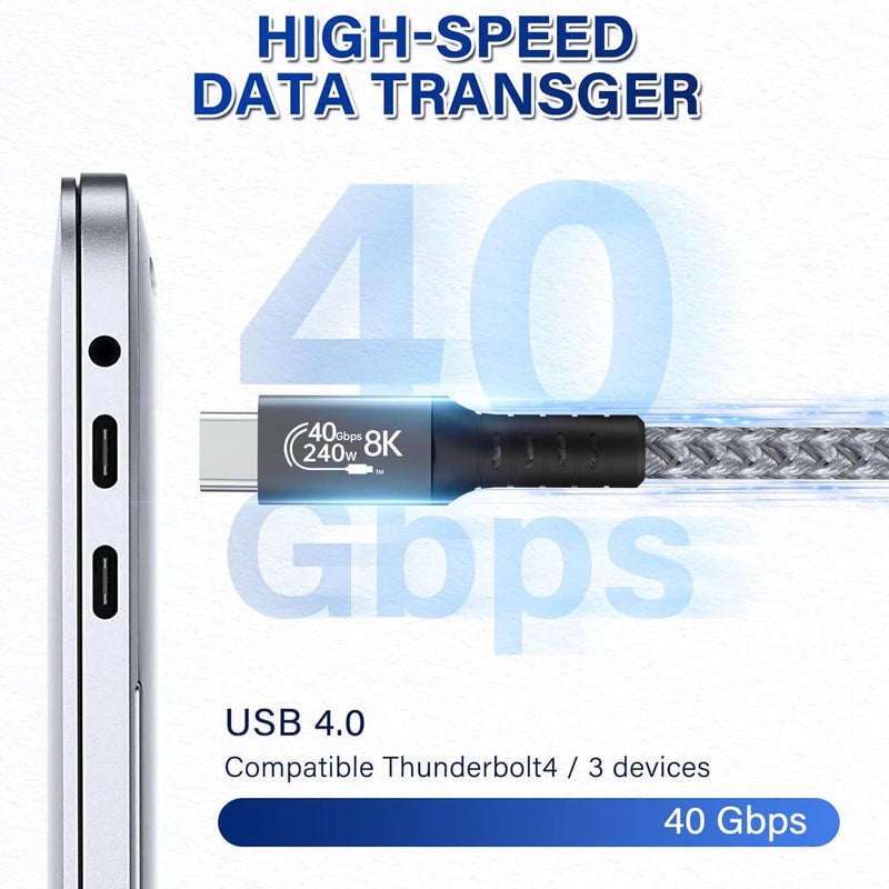 ETZIN كابل ETZIN USB 4 لنقل البيانات بسرعة 40 جيجابت في الثانية، كابل Thunderbolt 4 يدعم عرض 8K HD، كابل شحن USB-C بقوة 240 واط بطول 2 م USB C إلى USB C، لجهاز 15Pro/15Pro Max/15/15Plus EPL-1179CC (2م) - Image 4