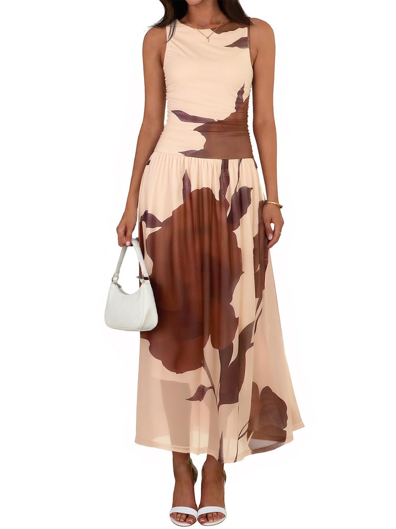 Wenrine Womens Summer Floral Maxi Dress Casual Sleeveless A Line Swing Flowy Beach Vacation Tank Dresses Apricot - Image 1