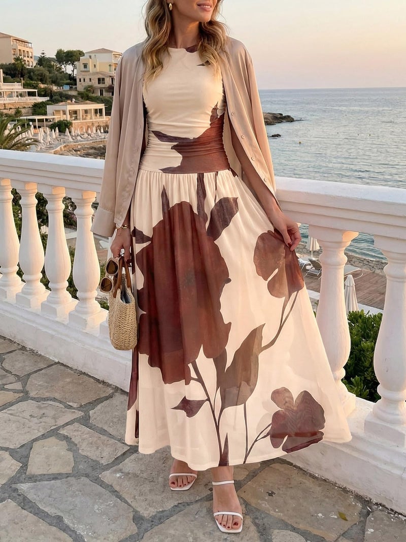 Wenrine Womens Summer Floral Maxi Dress Casual Sleeveless A Line Swing Flowy Beach Vacation Tank Dresses Apricot - Image 5