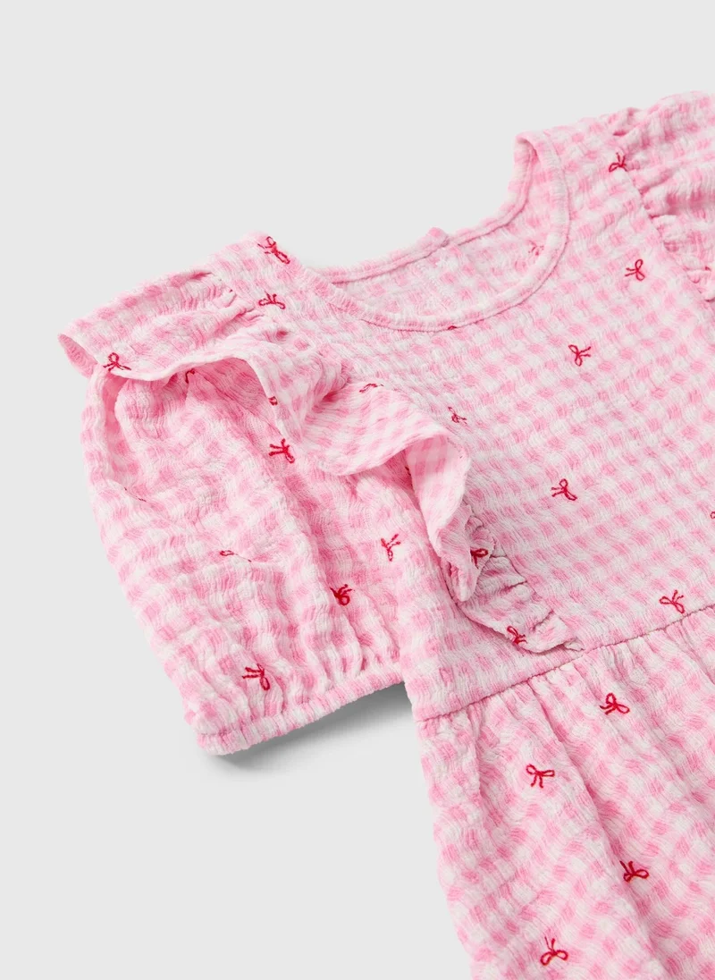 Matalan Girls Pink Gingham Crinkle Bow Dress