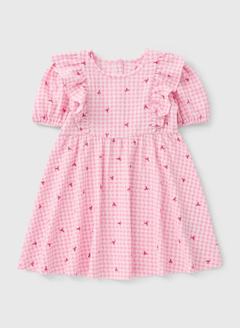 Matalan Girls Pink Gingham Crinkle Bow Dress