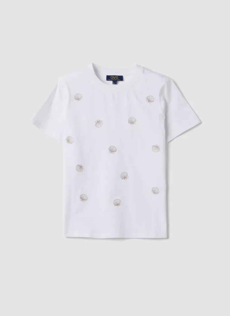 Ovs OVS White Pure Cotton T-Shirt With Seashell Print