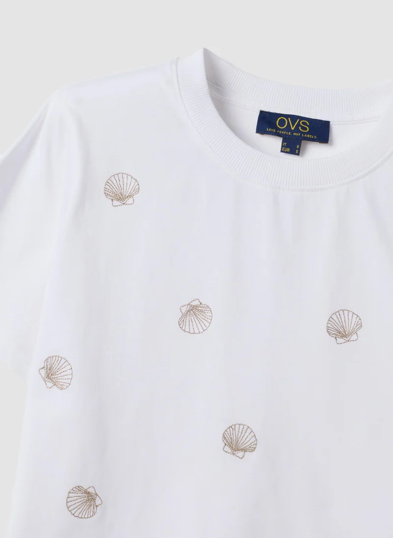 Ovs OVS White Pure Cotton T-Shirt With Seashell Print