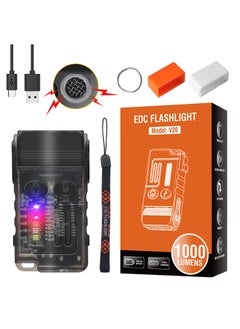 New V20 multi-function EDC flashlight 180 degree adjustment buzzer anti-wolf portable light long endurance flashlight V20 transparent black (main light white red light)