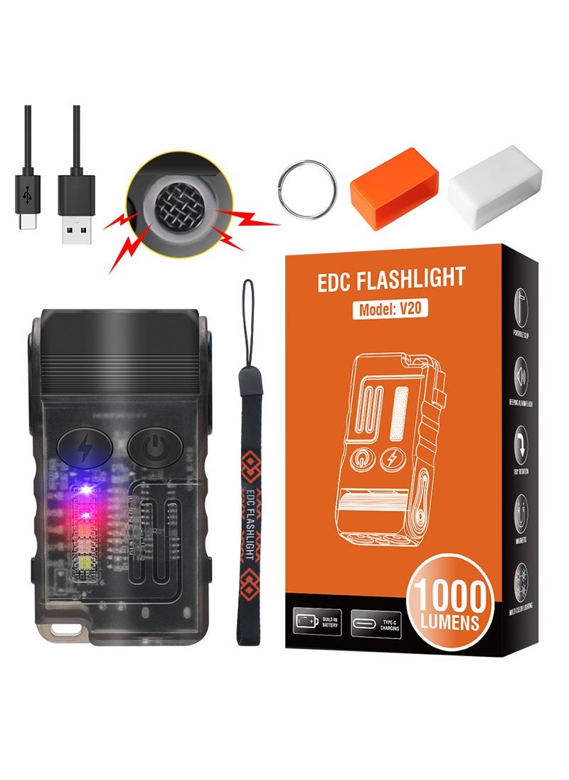 Arabest - New V20 multi-function EDC flashlight 180 degree adjustment buzzer anti-wolf portable light long endurance flashlight V20 transparent black (main light white red light) - Image 1