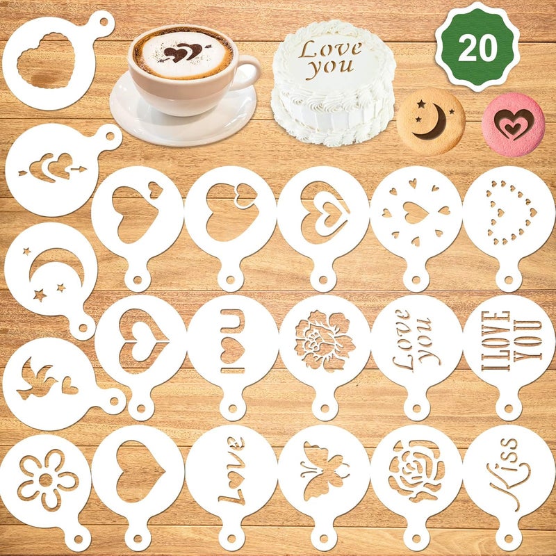 Konsait 20Pack Valentines Day Cake Stencil Templates Decoration Reusable Valentine Day Cake Cookies Baking Painting Mold Tools for Decorating Dessert Coffee Oatmeal Cappuccino Mousse Hot Chocolate - Image 1