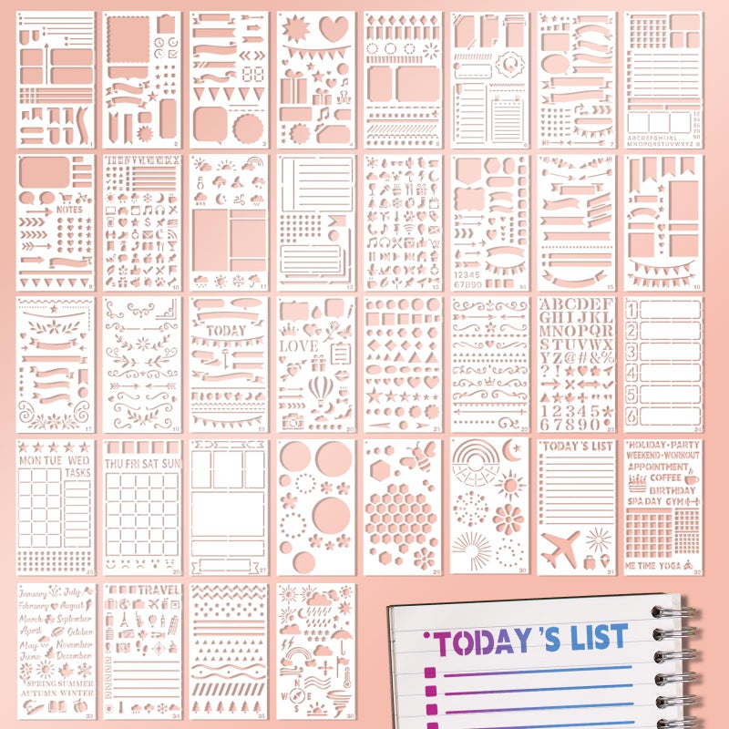 VIOXIA 36 Pcs Journal Stencils,Planner Stencils for Journaling Scrapbook Notebook Diary Bullet Journal,Scrapbooking Supplie Washable Durable - Image 1