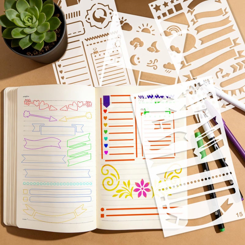 VIOXIA 36 Pcs Journal Stencils,Planner Stencils for Journaling Scrapbook Notebook Diary Bullet Journal,Scrapbooking Supplie Washable Durable - Image 4