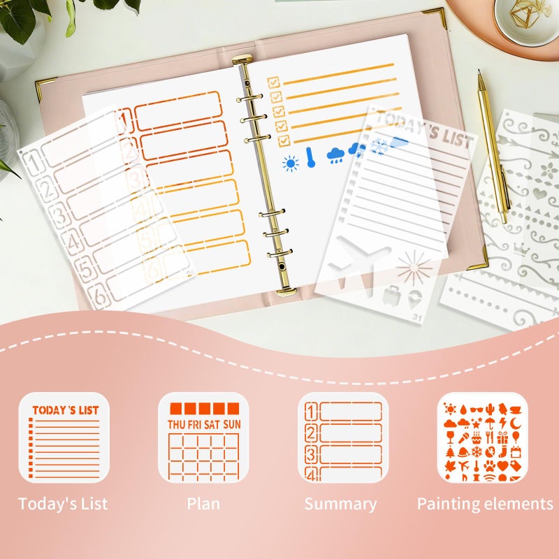 VIOXIA 36 Pcs Journal Stencils,Planner Stencils for Journaling Scrapbook Notebook Diary Bullet Journal,Scrapbooking Supplie Washable Durable - Image 5