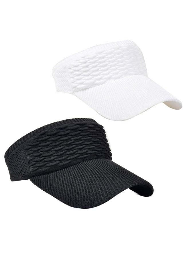 Knitted Sun Visor Hat for Women Men, Wide Brim Sports Golf Cap, Elastic Empty Top, Black & White 2 Pack - Image 1