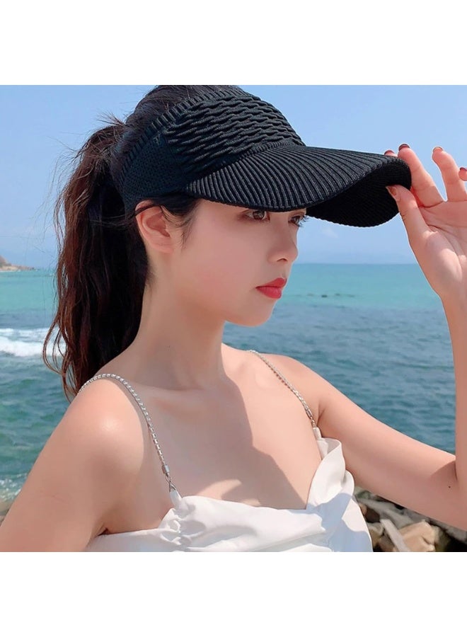 Knitted Sun Visor Hat for Women Men, Wide Brim Sports Golf Cap, Elastic Empty Top, Black & White 2 Pack - Image 2
