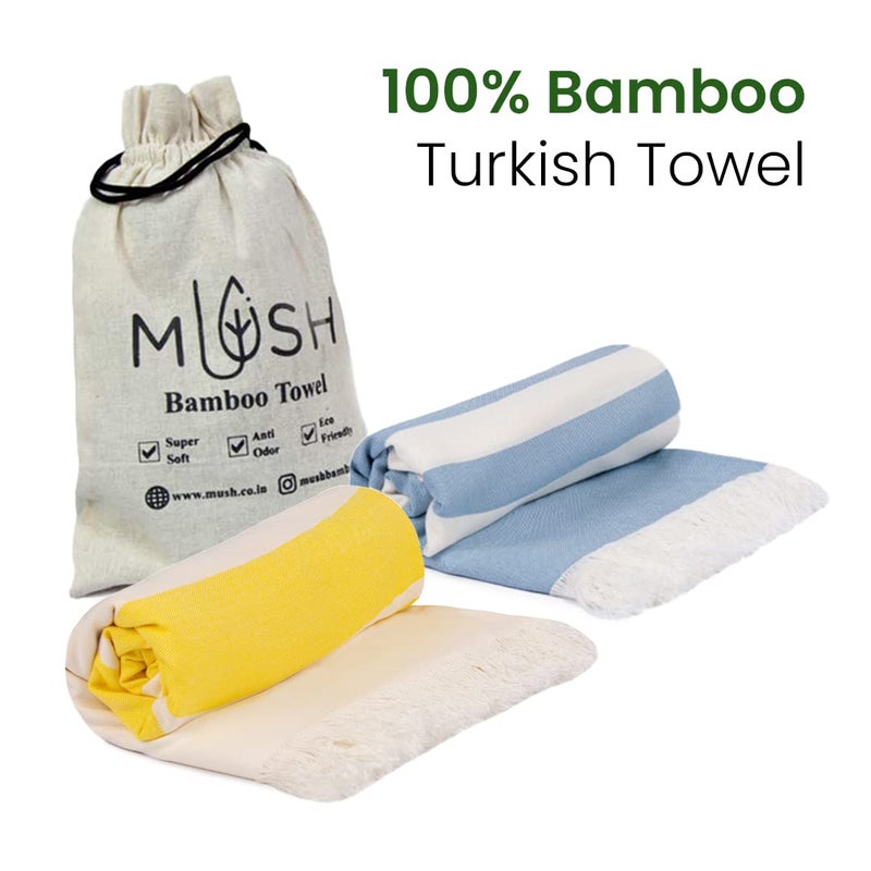 Mush 100% Bamboo Light Weight & Ultra-Compact Turkish Towel Super Soft, Absorbent, Quick Dry,Anti-Odor Bamboo Towel for Bath,Travel,Gym, Swim and Workout (2, Muted Blue & Yellow),250 tc - Image 2