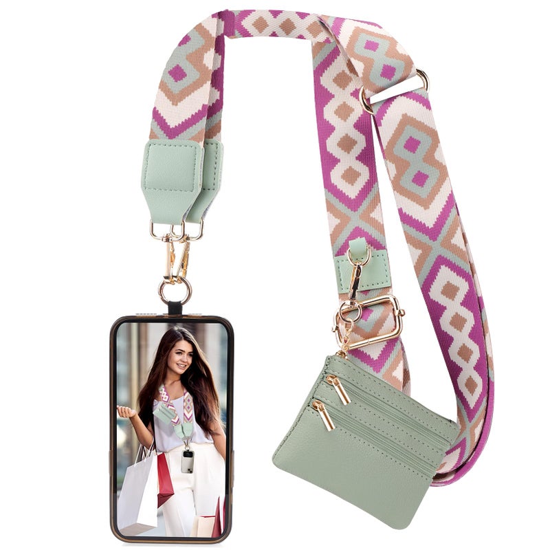 XANGNIER Clip and Go Strap for Phone with Wallet Crossbody, Phone Strap with Zippered Wallet, Adjustable Anti Theft Cellphone Lanyard for Women, Cellphone Chain Accessories Green - Image 1