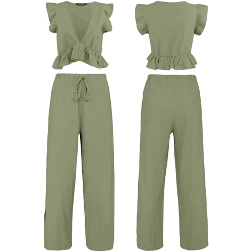 FANCYINN Womens 2 Pieces Outfits Deep V Neck Crop Top St Patricks Day Shirt Side Slit Drawstring Wide Leg Pants Set Jumpsuits Olive Green L - Image 5
