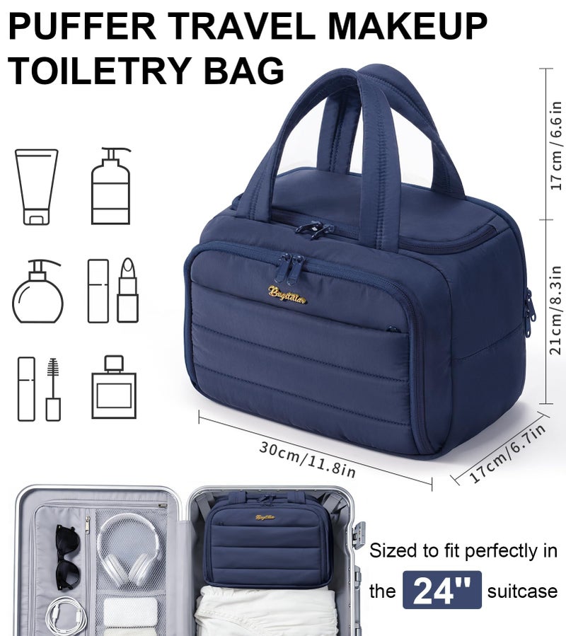 Bagstellar Travel Toiletry Bag for Women, Lightweight Large Quilted Puffy Makeup Bag Wide-open Make up Organizer Cloud Cosmetic Bag w/Handle for Traveling Toiletries Essentials Accessories Navy Blue - Image 2