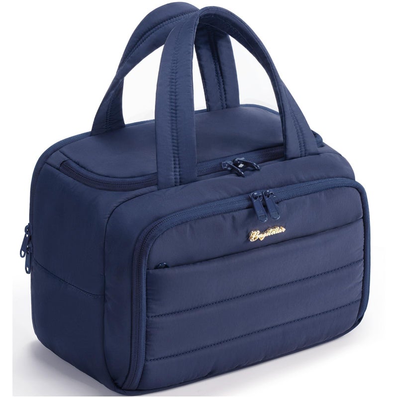 Bagstellar Travel Toiletry Bag for Women, Lightweight Large Quilted Puffy Makeup Bag Wide-open Make up Organizer Cloud Cosmetic Bag w/Handle for Traveling Toiletries Essentials Accessories Navy Blue - Image 1