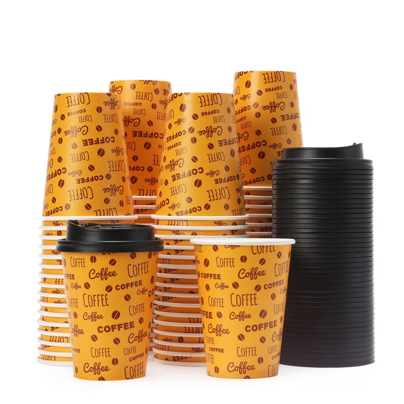 Tamone 100 PACK 12OZ Disposable Coffee Cups with Lids  To Go Coffee Cups with Lids Leak Proof  Coffee Bean Design Brown Paper Cups for Cold/Hot Beverage Chocolate Cocoa for Home Office - Image 1