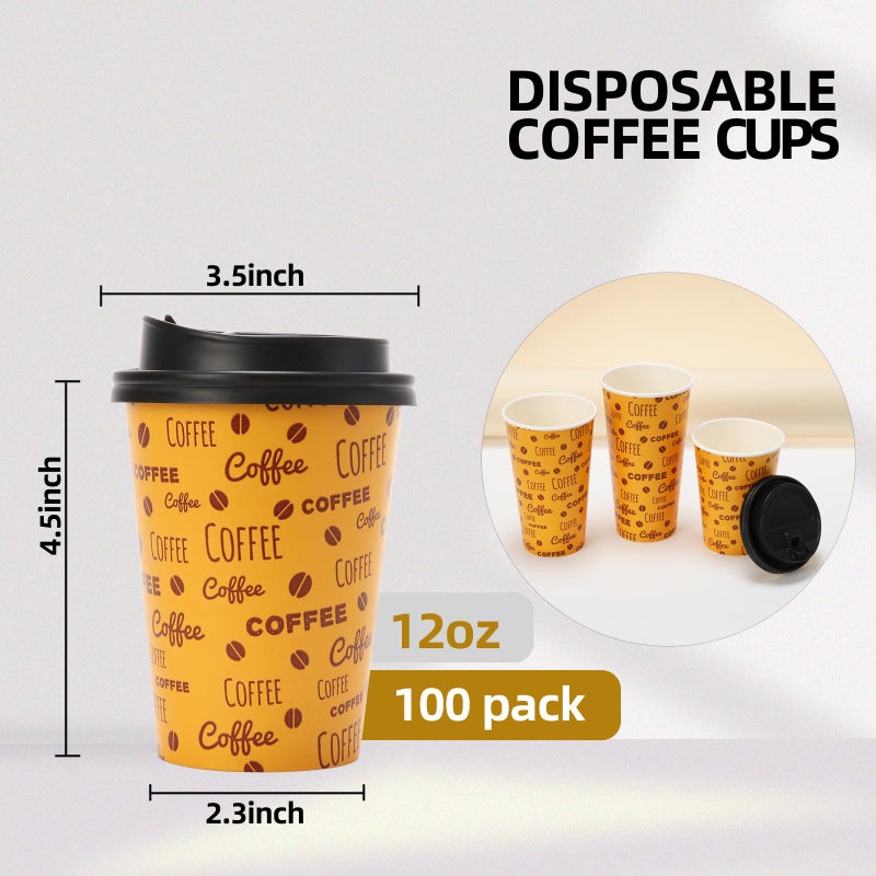 Tamone 100 PACK 12OZ Disposable Coffee Cups with Lids  To Go Coffee Cups with Lids Leak Proof  Coffee Bean Design Brown Paper Cups for Cold/Hot Beverage Chocolate Cocoa for Home Office - Image 2