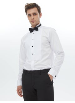 White Plain Slim Fit Double Cuff Collar Tuxedo Shirt