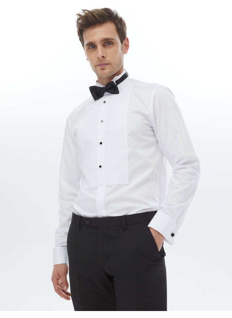 Kip - White Plain Slim Fit Double Cuff Collar Tuxedo Shirt - Image 1