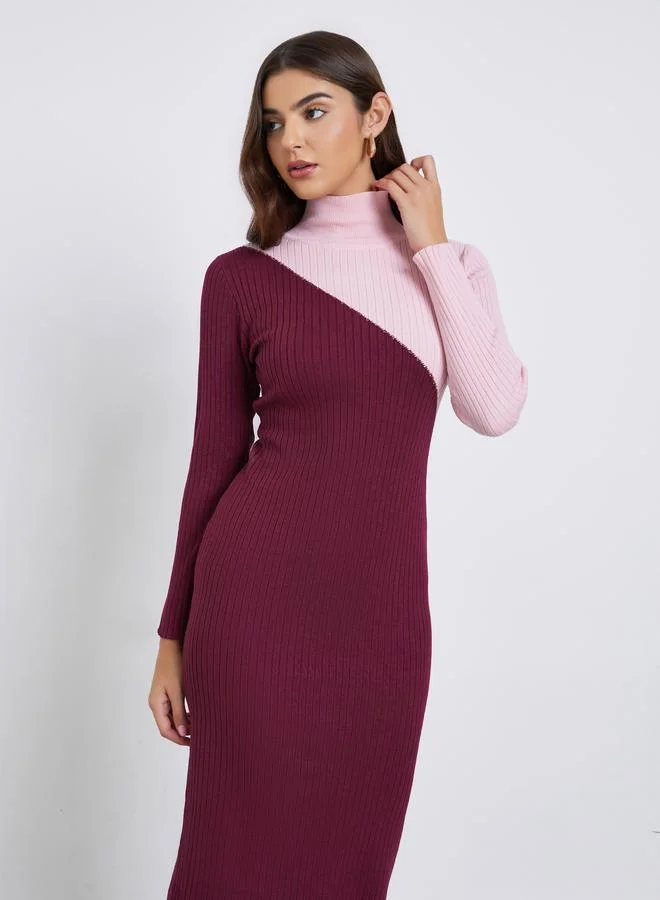 Styli Burgundy Color Block Sweater Midi Dress