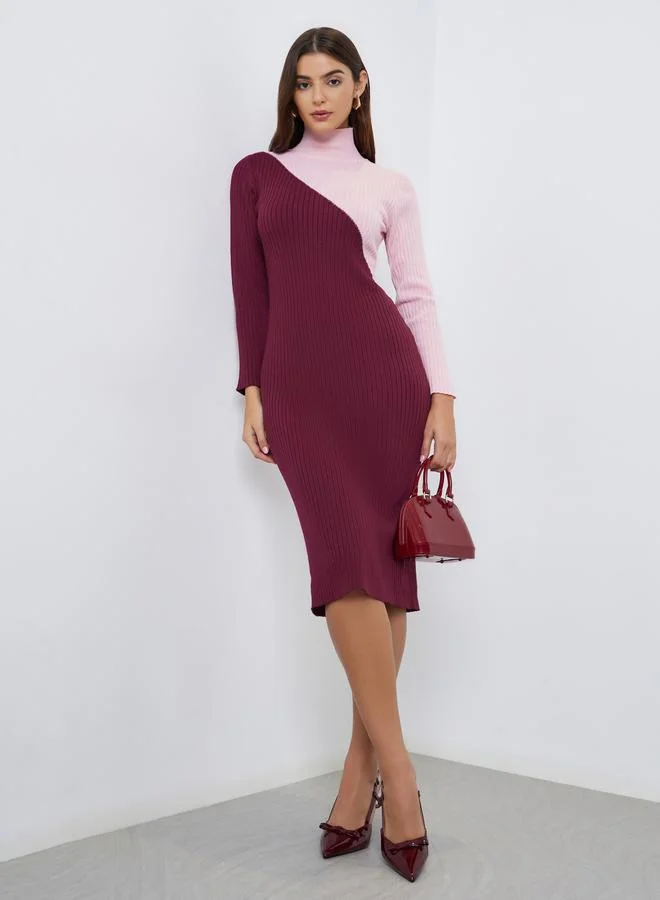 Styli Burgundy Color Block Sweater Midi Dress