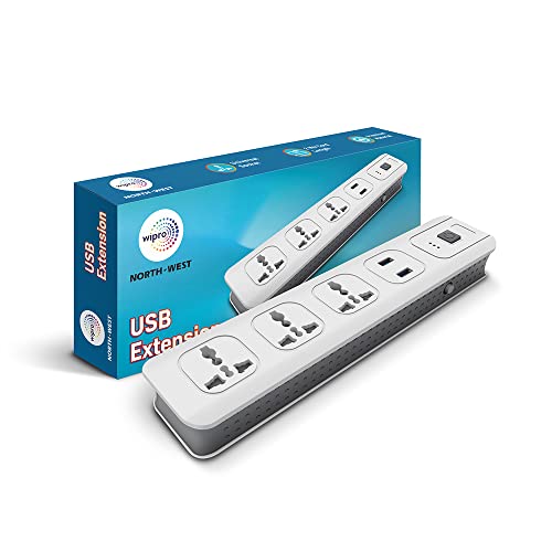 Wipro USB Extension Cord with 2 mtr Cord Length | 3 Universal Socket and 2 USB Port Spike Guard | Child Safety | Auto Cutoff | Fire Resistant, Pack of 1 - Image 1