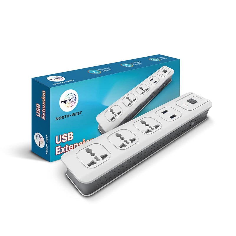 Wipro USB Extension Cord with 2 mtr Cord Length | 3 Universal Socket and 2 USB Port Spike Guard | Child Safety | Auto Cutoff | Fire Resistant, Pack of 1 - Image 4