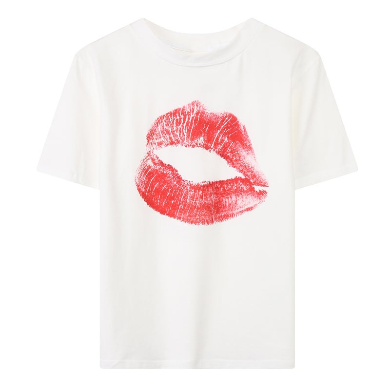 [In stock] cross-border supply summer women's T-shirt short-sleeved shirt lipstick print one-piece delivery - Image 2