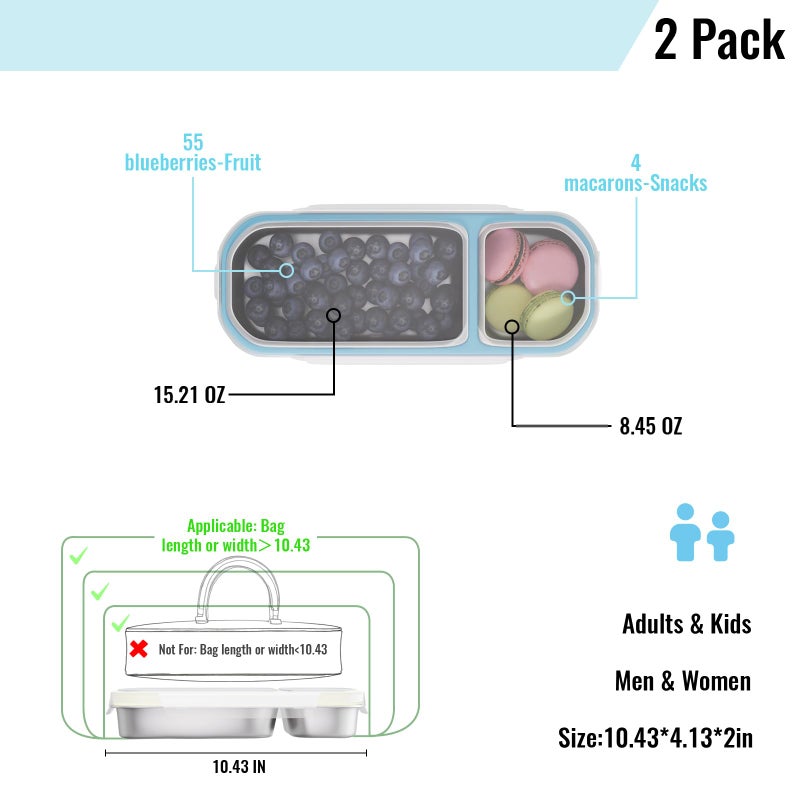 Bakpoco Stainless Steel Snack Containers for Kids Adults, 2 Pack 2 Compartment Metal Snack Containers Box with Lid, Reusable Food Storage Container, Leak Proof, Grab and Go, Blue - Image 2