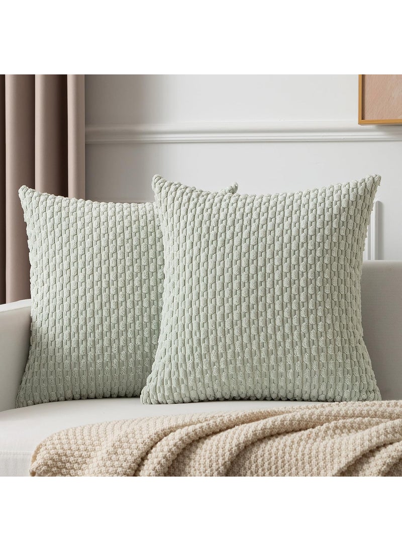 K KEVIN TEXTILE Kevin Textile Pack of 2 Corduroy Decorative Throw Pillow Covers 16x16 Inch Soft Boho Striped Pillow Covers Modern Farmhouse Home Decor for Spring Sofa Living Room Couch Bed Light Green  - Image 1