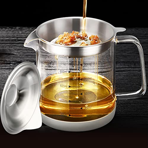 1L35oz Glass Bacon Grease Container with Strainer Cooking Oil Storage Can with Fine Mesh Filter and Scale Lid and EasyGrip HandleFat Separator for Storing Fats Frying Oil and Cooking Grease