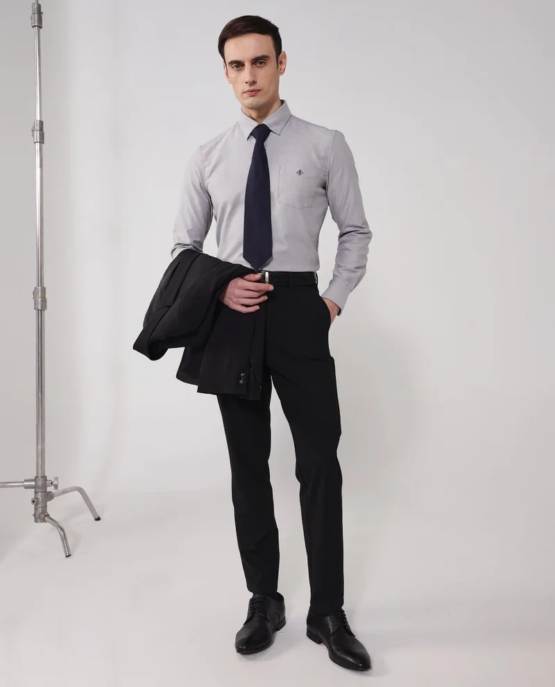 Rare Rabbit Rare Rabbit Men's Oxfom Grey Cotton Polyester Fabric Full Sleeves Button Down Collar Regular Fit Plain Formal Shirt