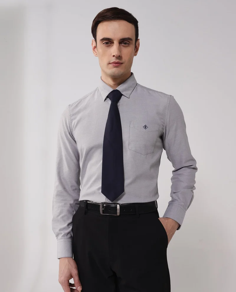 Rare Rabbit Rare Rabbit Men's Oxfom Grey Cotton Polyester Fabric Full Sleeves Button Down Collar Regular Fit Plain Formal Shirt