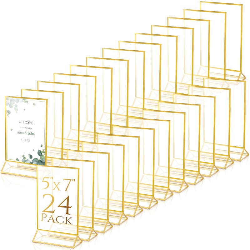 Hoteam 24 Pack Gold Frames Clear Acrylic Double Sided Frames Display Signs Holder Bulk with Stand 2 mm Gold Border for Table Numbers Wedding Restaurant Office Home Photo5 x 7 Inch Vertical