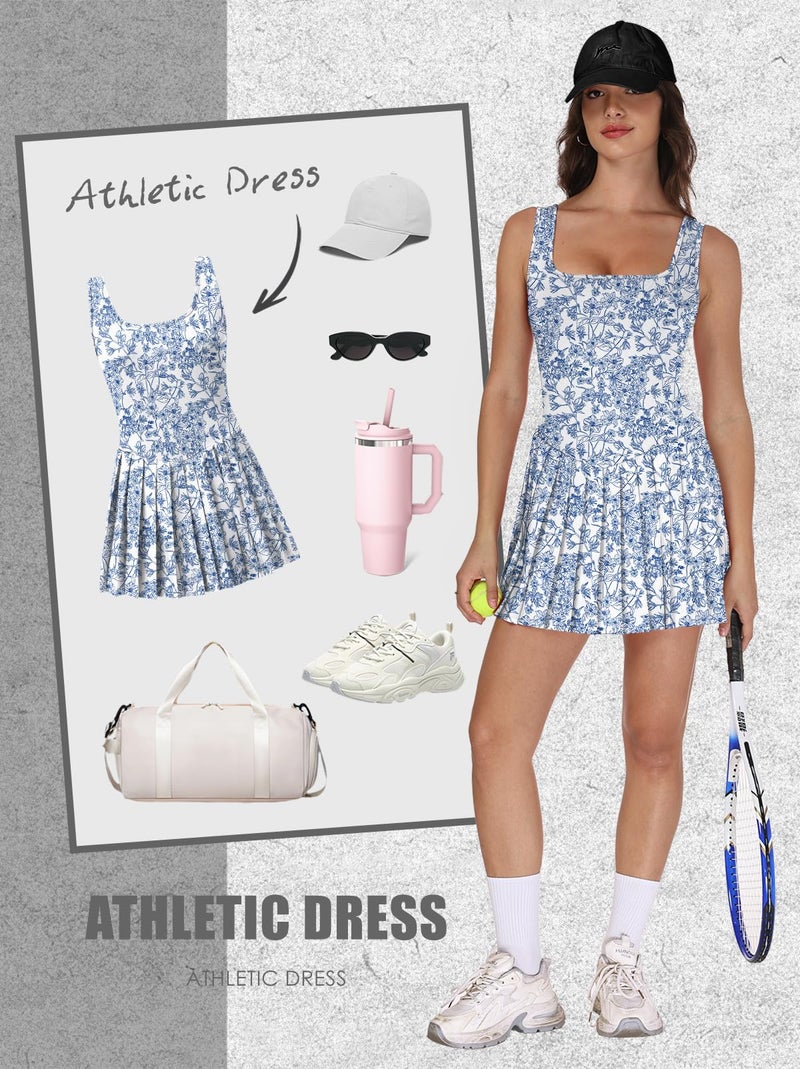 NIASHOT Womens Golf Dress with Shorts Summer Dresses 2026 Pleated Dress Beach Vacation Clothes for Women Cowgirl Outfits Blue Floral XL - Image 4
