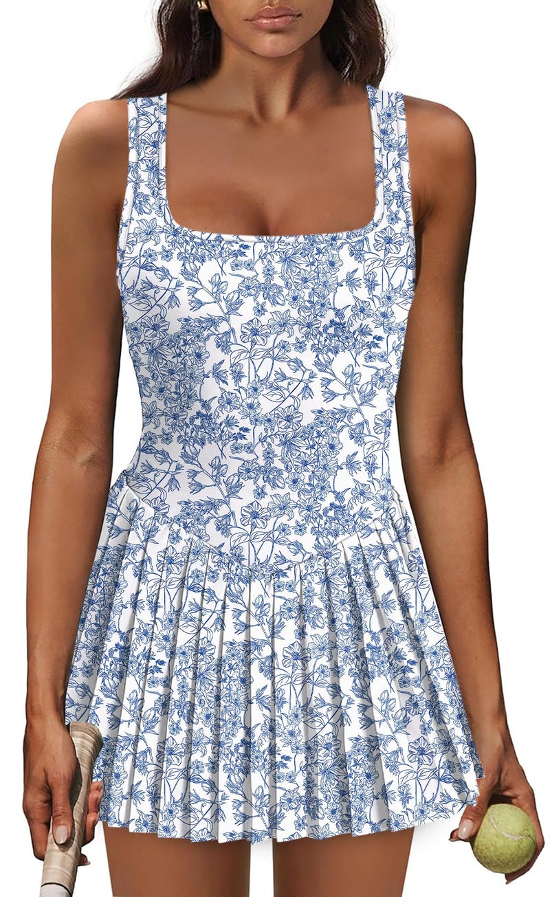 NIASHOT Womens Golf Dress with Shorts Summer Dresses 2026 Pleated Dress Beach Vacation Clothes for Women Cowgirl Outfits Blue Floral XL - Image 1