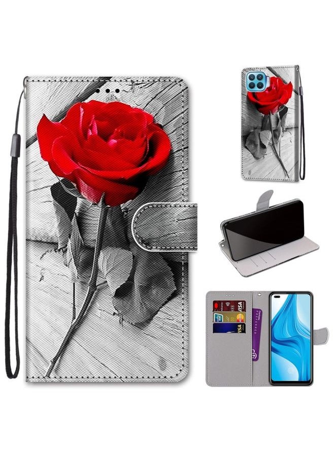 HuHa Case Cover For OPPO F17 Pro / A93 4G / Reno4 Lite / Reno4 F Coloured Drawing Cross Texture Horizontal Flip PU Leather Case with Holder & Card Slots & Wallet & Lanyard Wood Red Rose 