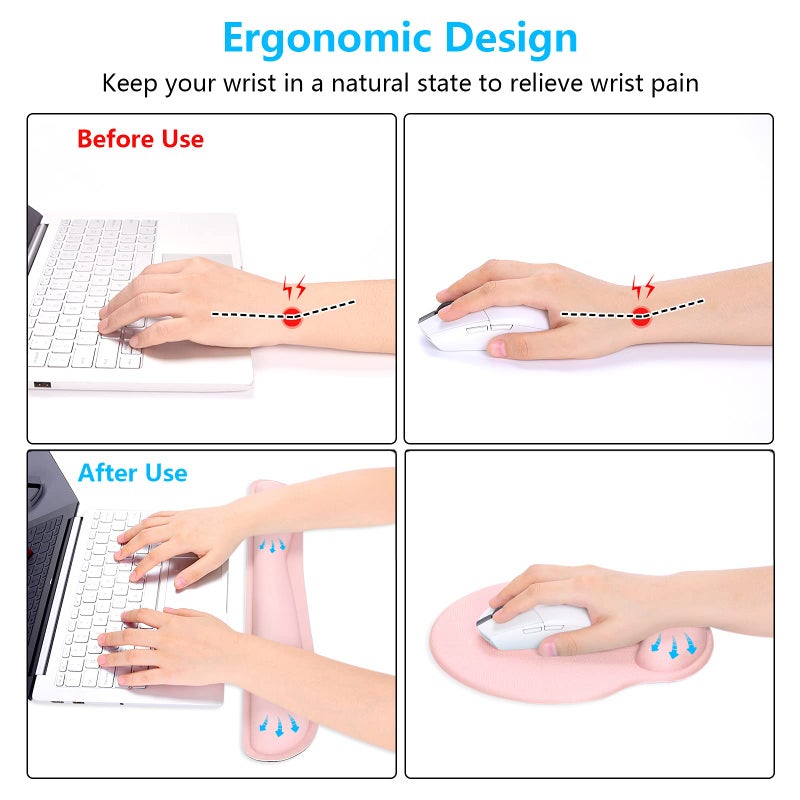 Dapesuom Keyboard Wrist Rest and Mouse Pad with Wrist Support, Cute Memory Foam Cushion for Keyboard and Mouse Set, Ergonomic Desktop Pad Rests with Non Slip Base for Easy Typing & Pain Relief, Pink - Image 3