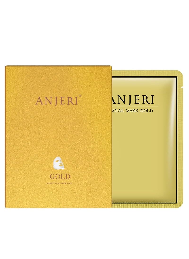 beautyMall - 1 BOX NEW Anjeri Gold Facial Mask Moisturizing Silk Silver Facial Mask Deep Hydrates Soothes Skin  Improve Fine Lines Nourishing  Firming Facial Mask 35 ml 10 Piece Golden - Image 1