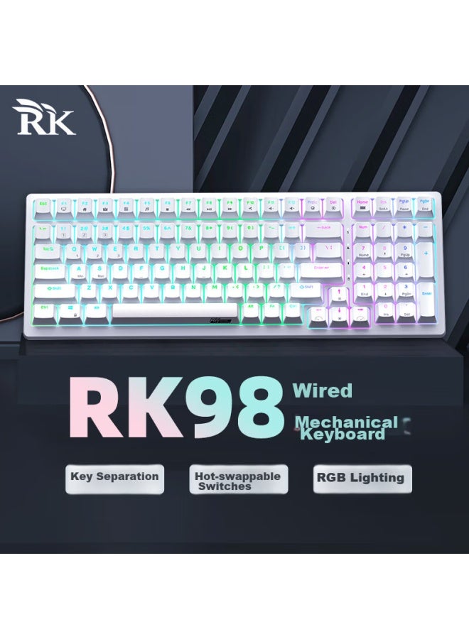 Rk98 Mechanical Keyboard, Wired Keyboard, Gaming Keyboard, 100 Keys, 98 Layout, Rgb Backlight, Computer Keyboard, Hot-swappable, Detachable Cable, White, Brown Switch - Image 1