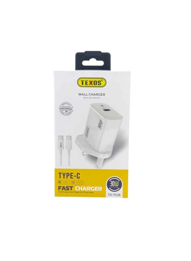 Texos TX-TC36 30W USB-C Fast Wall Charger with Type-C to Type-C Cable - Image 1