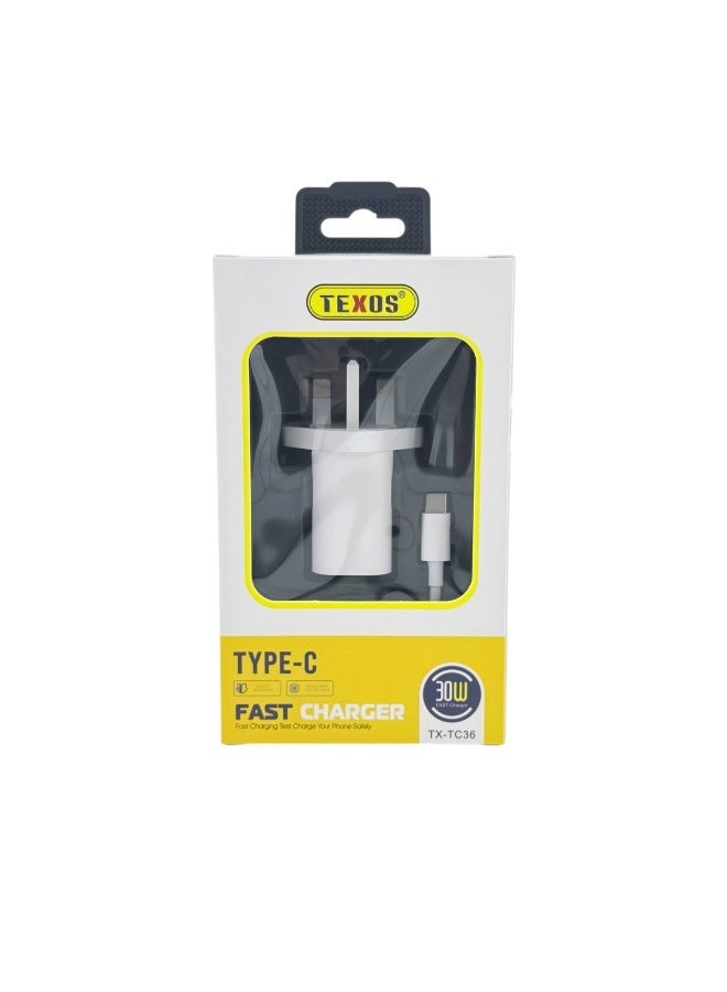 Texos TX-TC36 30W USB-C Fast Wall Charger with Type-C to Type-C Cable - Image 2