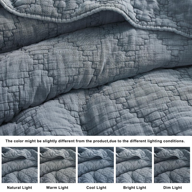 palassio Blue Grey King Size Quilt Set, Muslin Cotton Shell Down-Alt Poly Filling, Soft Shabby Chic Rustic Farmhouse Country Bedspread, Textured Gauze Coverlet, Lightweight Bedding, 2 Shams - Image 5