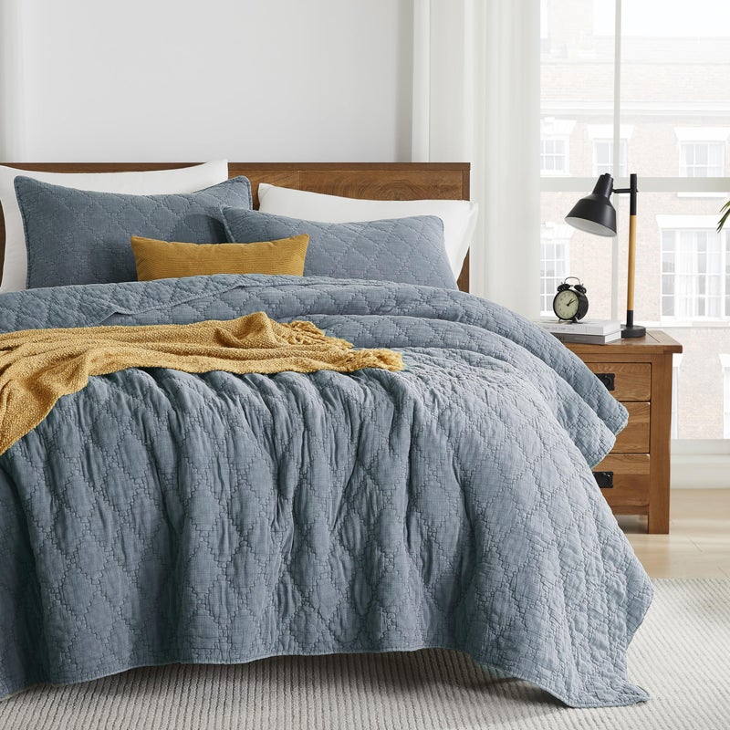 palassio Blue Grey King Size Quilt Set, Muslin Cotton Shell Down-Alt Poly Filling, Soft Shabby Chic Rustic Farmhouse Country Bedspread, Textured Gauze Coverlet, Lightweight Bedding, 2 Shams - Image 1