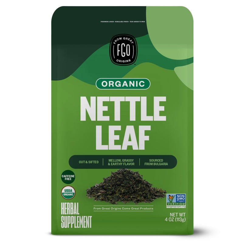FGO Organic Nettle Leaf Loose Tea, Cut and Sifted, Caffeine Free, 4oz Resealable Bag, Packaging May Vary (Pack of 1) - Image 1