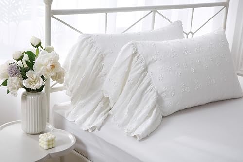 Meaning4 Ivory Lolita 3D Flowers Pillow Shams with Long Ruffles 100% Cotton Off White Lace Pillowcases Queen Size 30"X20" 2-Pack - Image 1