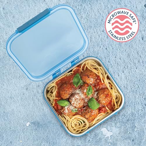 Smash 30 oz / 900ml Microwave Safe Stainless Steel Meal/Sandwich/Lunch Box with Blue Hinged Lid – Leak-Proof Clip Closure, Silicone Seal, BPA-Free - Image 5