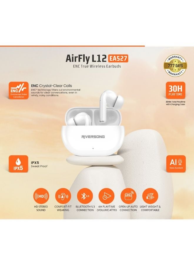 RIVERSONG Airfly L12 True Wireless Stereo Earbuds with ENC Clear Call, AI Voice Assistant, 30H Playtime, IPX5 Sweatproof, Stereo Sound Quality, White - Image 2